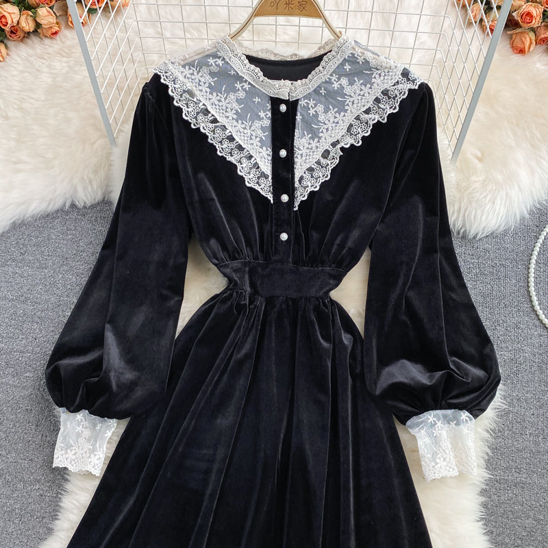 Black Velvet Lace Long Sleeve Dress Black A Line Dress RF0281