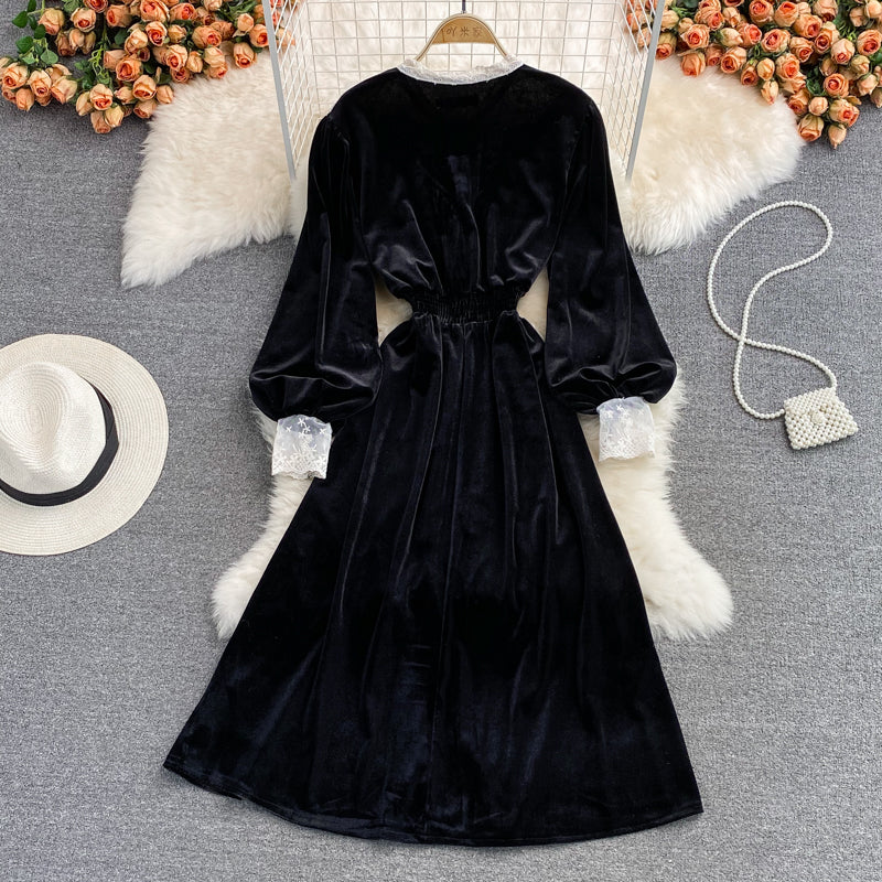 Black Velvet Lace Long Sleeve Dress Black A Line Dress RF0281