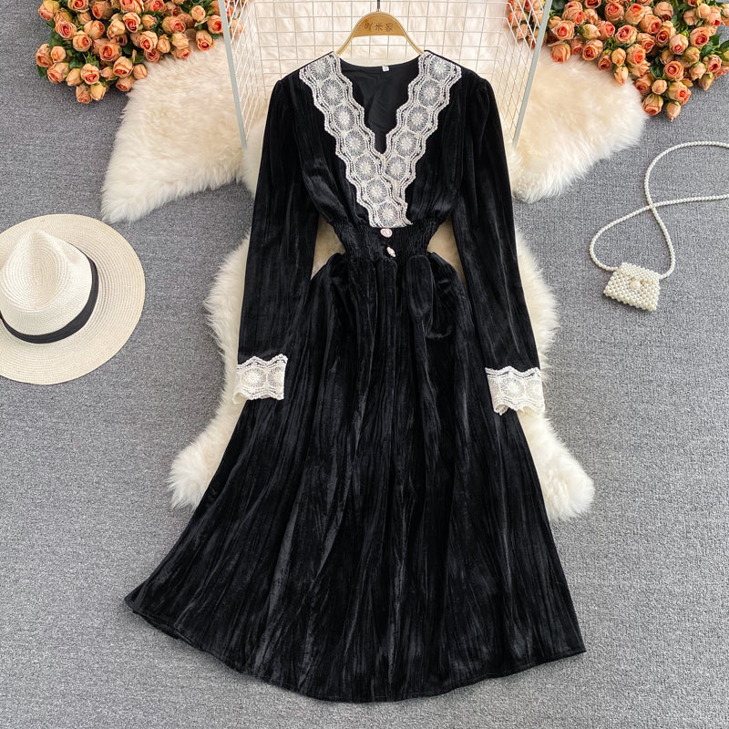 Elegant V Neck Lace Long Sleeve Dress Fashion Dress RF0280