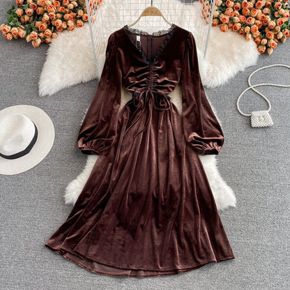Autumn And Winter Lace Stitching V-neck Velvet Dress Fashion Dress RF0278
