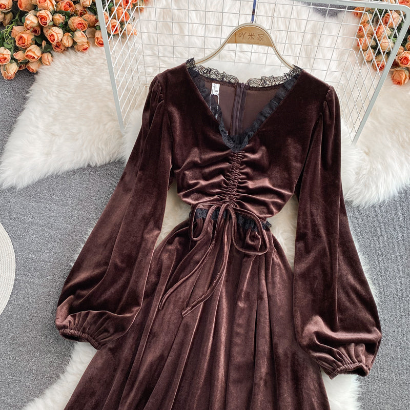 Autumn And Winter Lace Stitching V-neck Velvet Dress Fashion Dress RF0278
