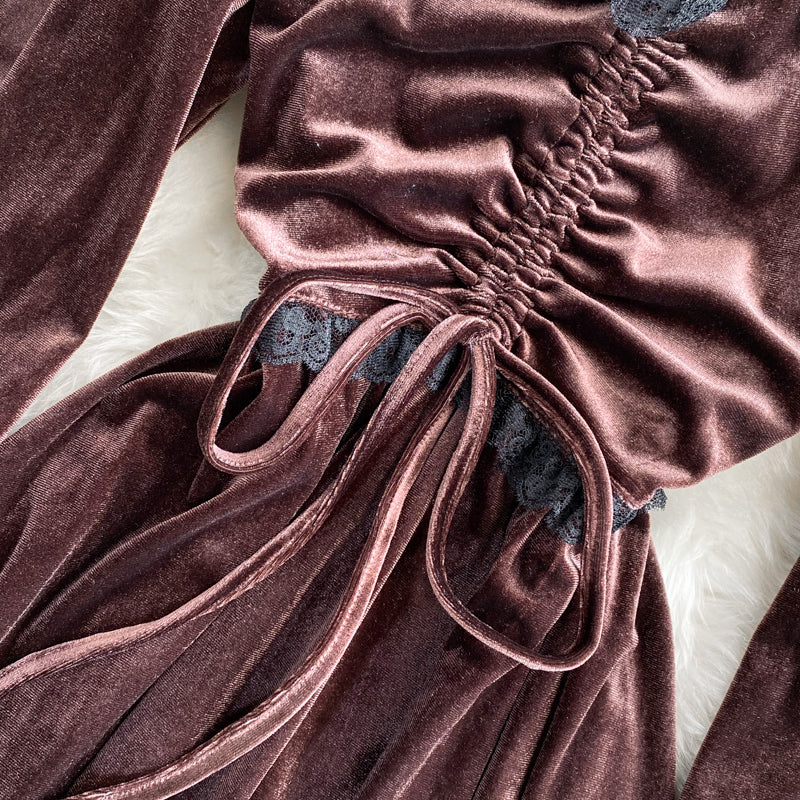 Autumn And Winter Lace Stitching V-neck Velvet Dress Fashion Dress RF0278