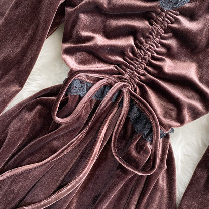Autumn And Winter Lace Stitching V-neck Velvet Dress Fashion Dress RF0278
