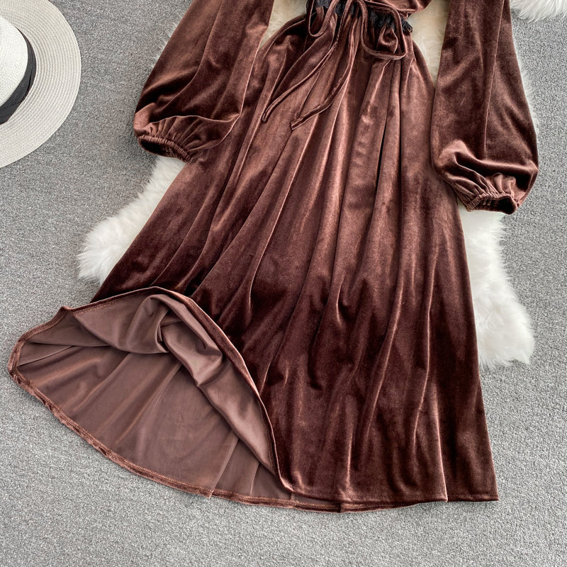 Autumn And Winter Lace Stitching V-neck Velvet Dress Fashion Dress RF0278