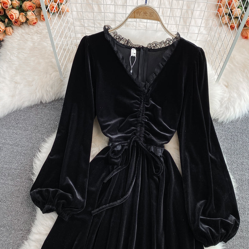 Autumn And Winter Lace Stitching V-neck Velvet Dress Fashion Dress RF0278