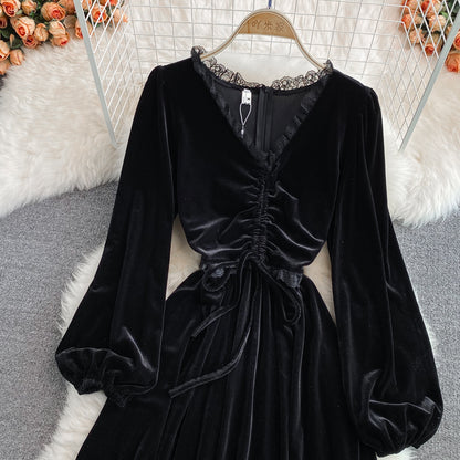 Autumn And Winter Lace Stitching V-neck Velvet Dress Fashion Dress RF0278