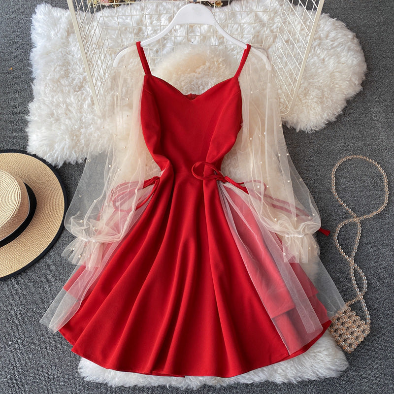 Cute V Neck Short Dress Long Sleeve Fashion Dress RF0269
