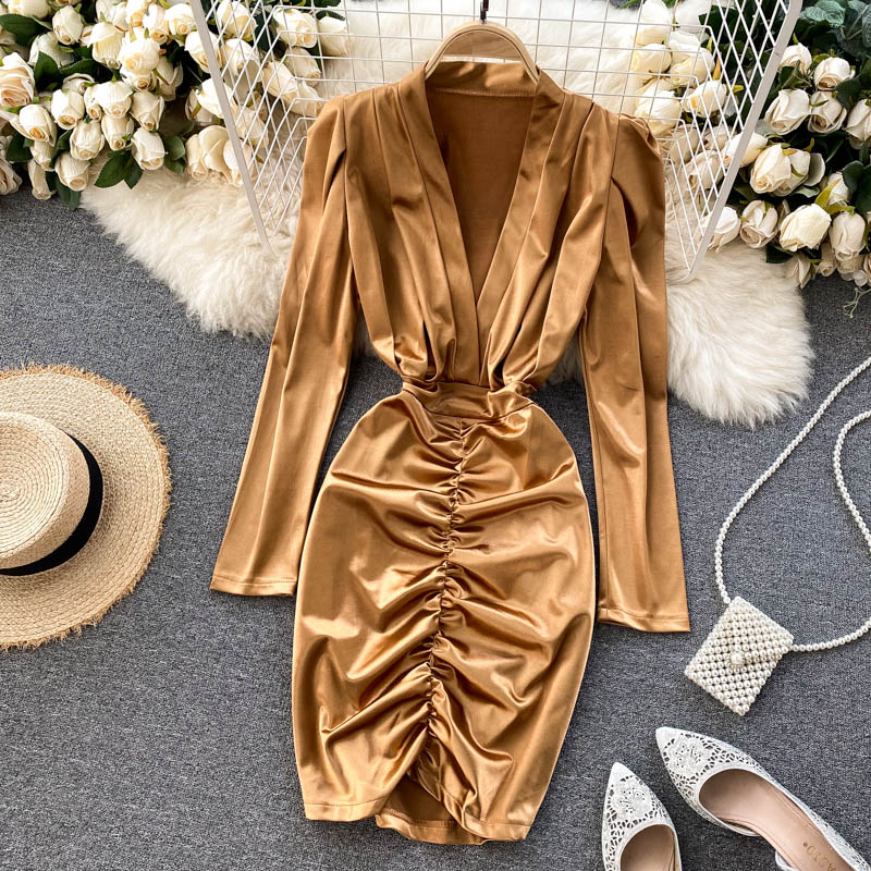 Sexy Deep V-neck Pleated Short Dress Fashion Dress RF0268
