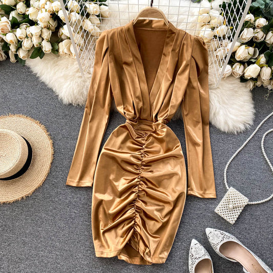 Sexy Deep V-neck Pleated Short Dress Fashion Dress RF0268