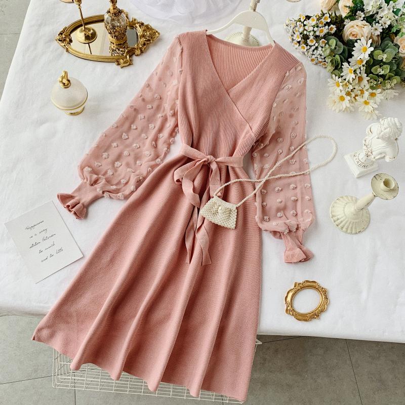 A-line Chiffon Sleeve Stitching Knit Dress V Neck Fashion Dress RF0267