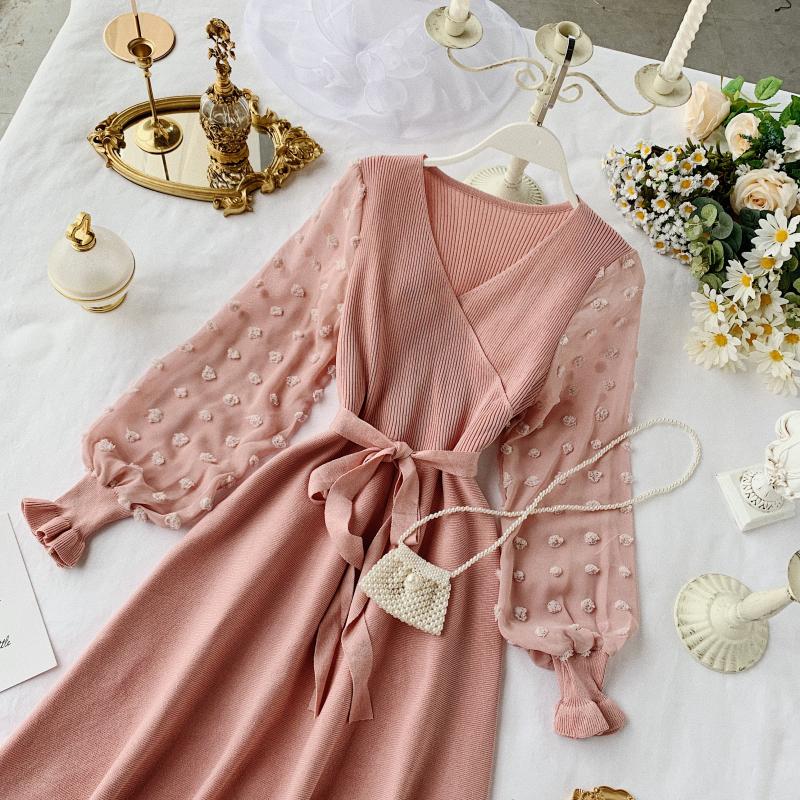 A-line Chiffon Sleeve Stitching Knit Dress V Neck Fashion Dress RF0267