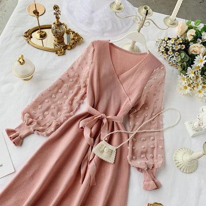 A-line Chiffon Sleeve Stitching Knit Dress V Neck Fashion Dress RF0267