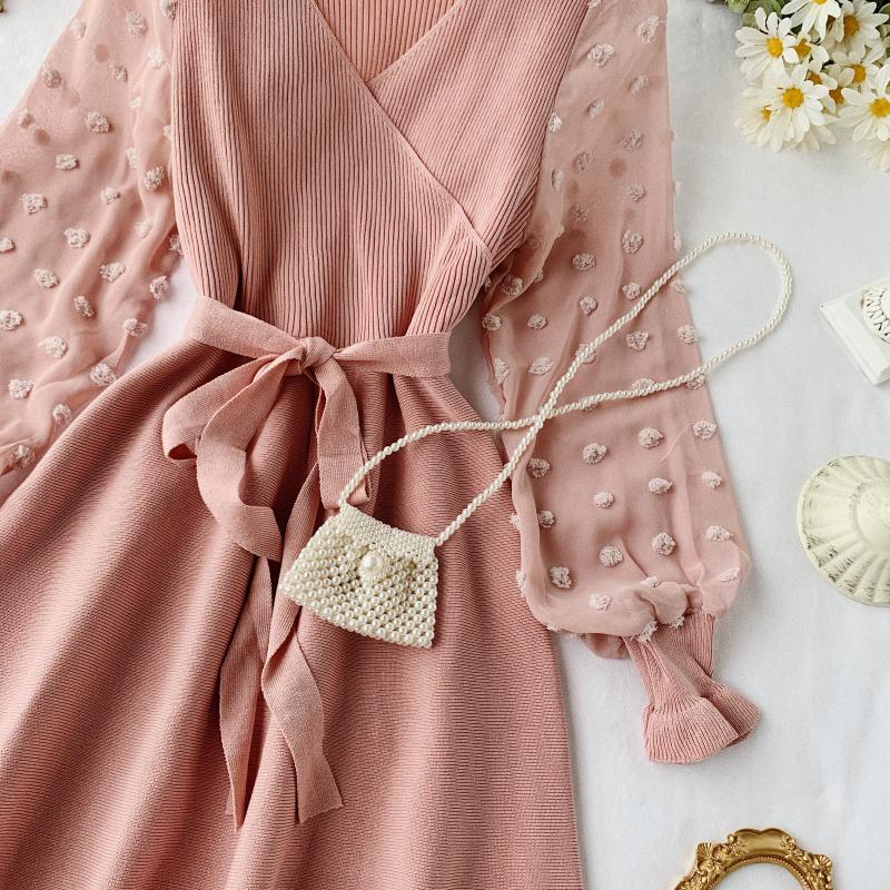 A-line Chiffon Sleeve Stitching Knit Dress V Neck Fashion Dress RF0267