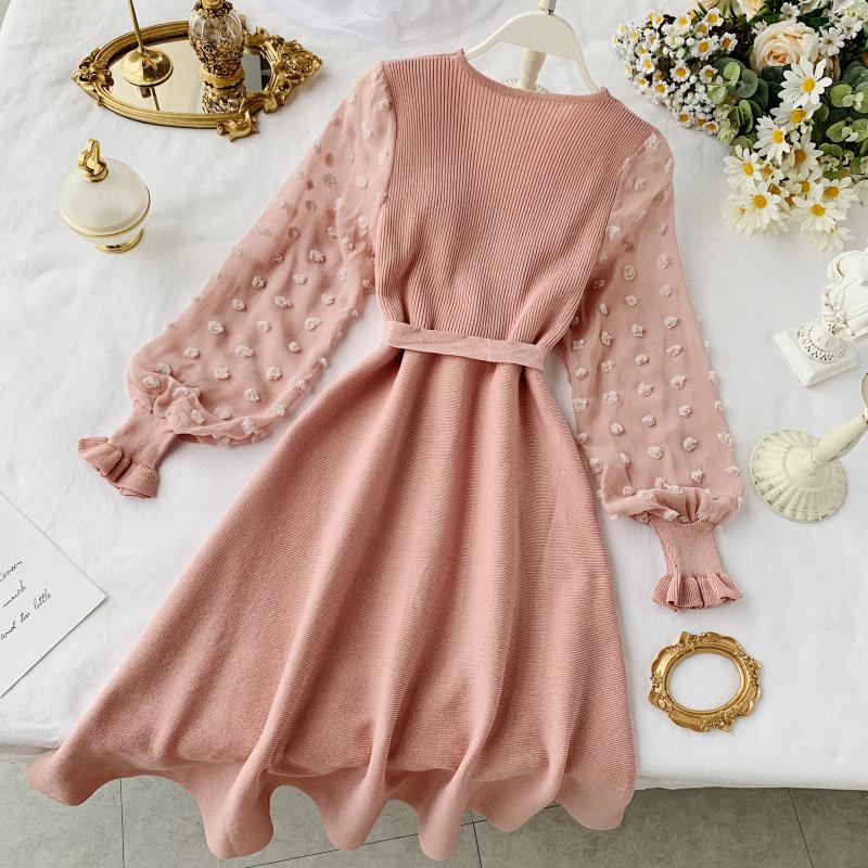 A-line Chiffon Sleeve Stitching Knit Dress V Neck Fashion Dress RF0267