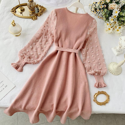 A-line Chiffon Sleeve Stitching Knit Dress V Neck Fashion Dress RF0267