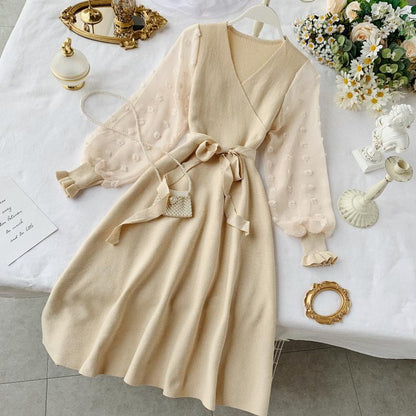 A-line Chiffon Sleeve Stitching Knit Dress V Neck Fashion Dress RF0267