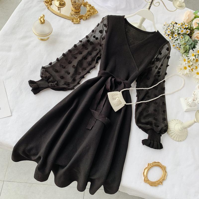 A-line Chiffon Sleeve Stitching Knit Dress V Neck Fashion Dress RF0267