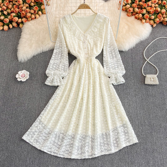 Champagne V Neck Lace Long Dress Fashion Dress RF0259