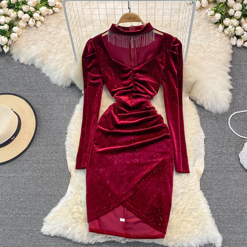 Temperament V-neck Halter Neck Tassel Bag Hip Dress Velvet Base Dress RF0252