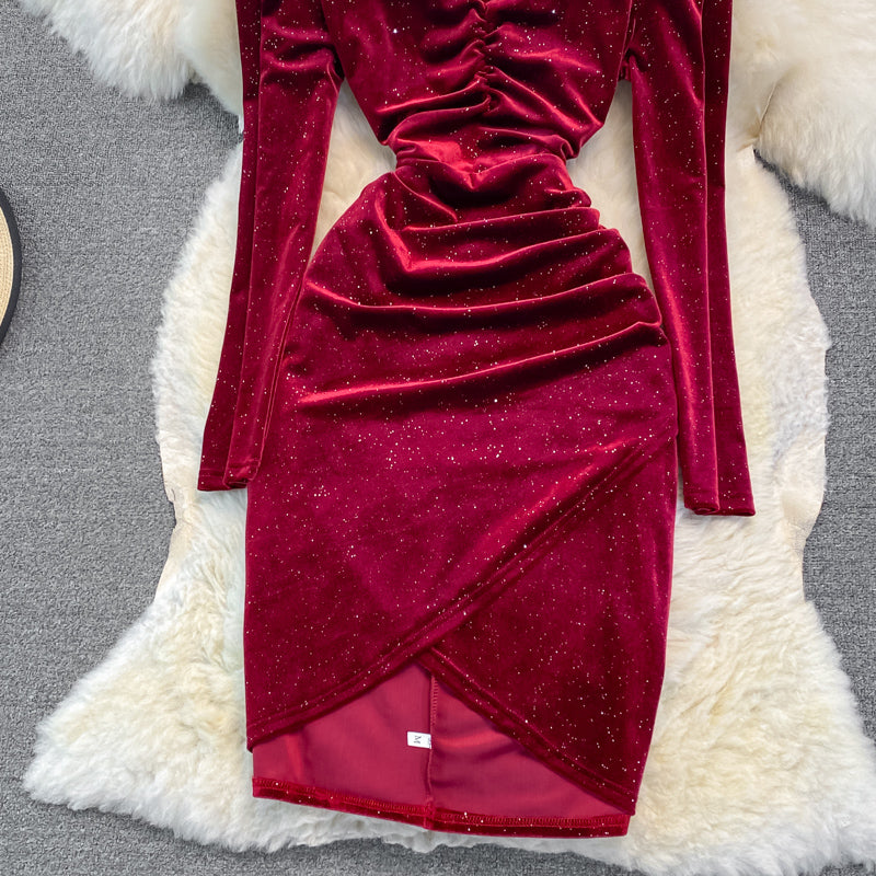 Temperament V-neck Halter Neck Tassel Bag Hip Dress Velvet Base Dress RF0252