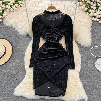Temperament V-neck Halter Neck Tassel Bag Hip Dress Velvet Base Dress RF0252
