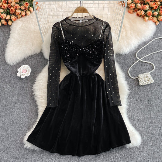 Black Velvet Sequins Short Dress Two Pieces Fashion Dress RF0251