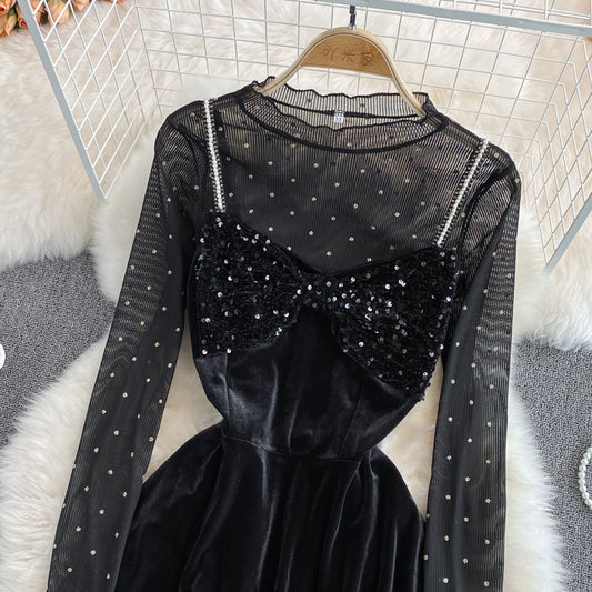 Black Velvet Sequins Short Dress Two Pieces Fashion Dress RF0251