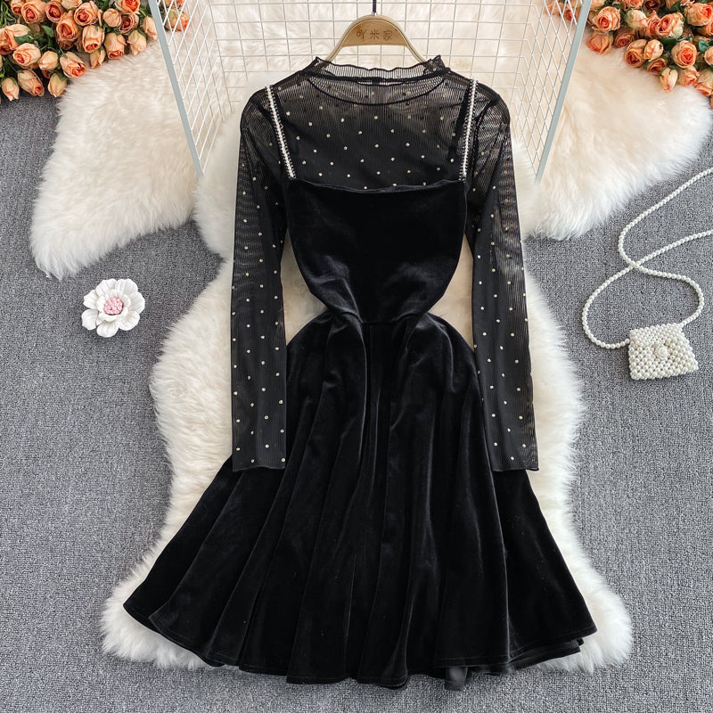 Black Velvet Sequins Short Dress Two Pieces Fashion Dress RF0251