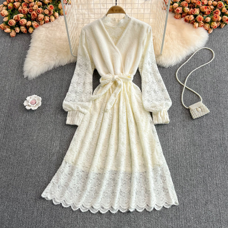 Elegant V Neck Lace Dress A Line Long Sleeve Dress Sweater Dress RF0249