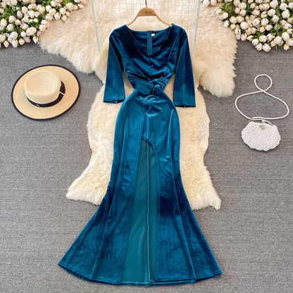 Stylish V Neck Velvet Long Dress Fashion Dress RF0246