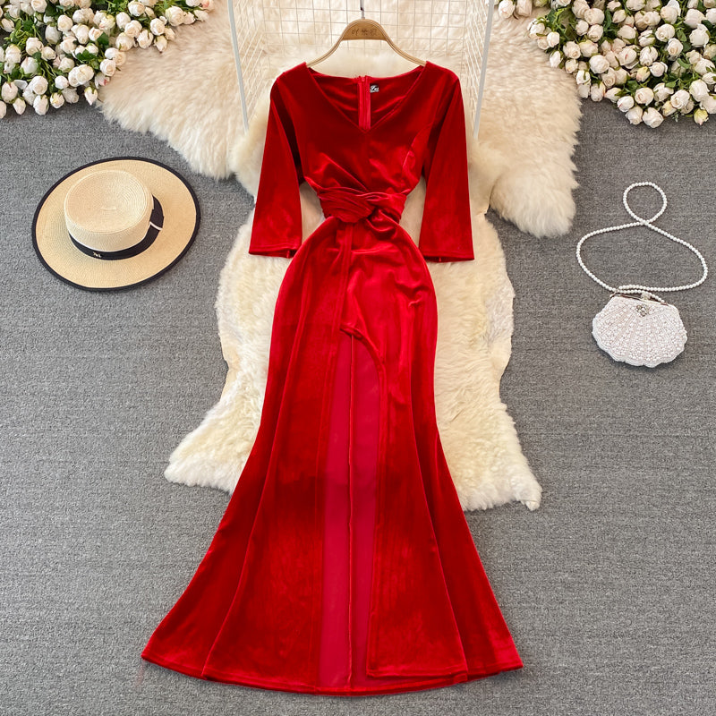 Stylish V Neck Velvet Long Dress Fashion Dress RF0246