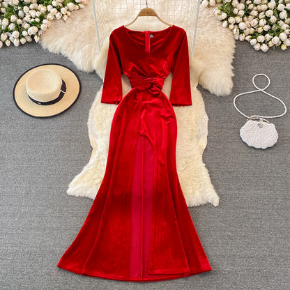 Stylish V Neck Velvet Long Dress Fashion Dress RF0246
