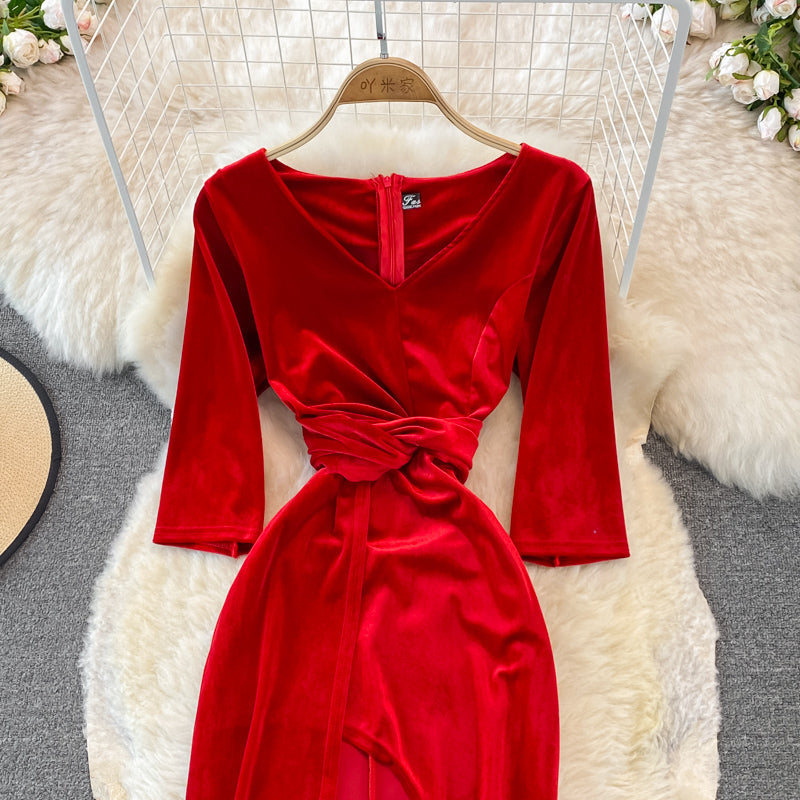 Stylish V Neck Velvet Long Dress Fashion Dress RF0246