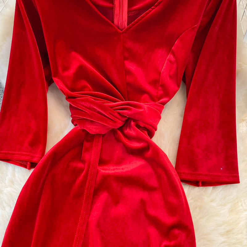 Stylish V Neck Velvet Long Dress Fashion Dress RF0246