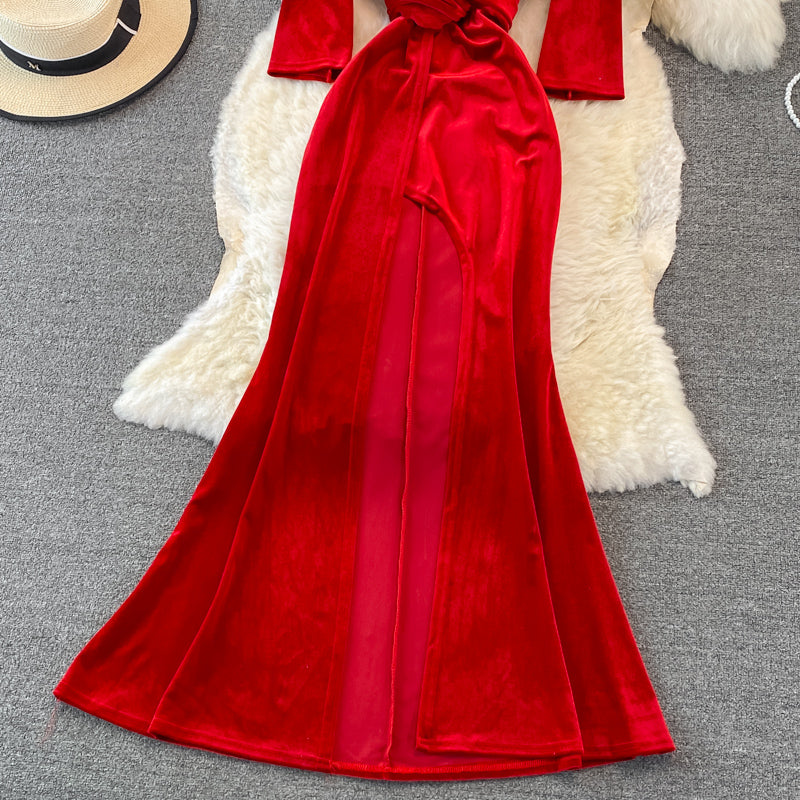 Stylish V Neck Velvet Long Dress Fashion Dress RF0246