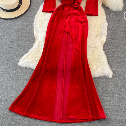 Stylish V Neck Velvet Long Dress Fashion Dress RF0246