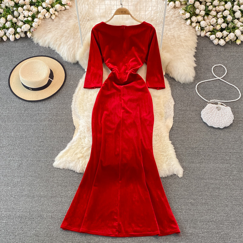 Stylish V Neck Velvet Long Dress Fashion Dress RF0246