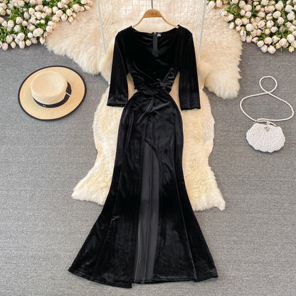 Stylish V Neck Velvet Long Dress Fashion Dress RF0246