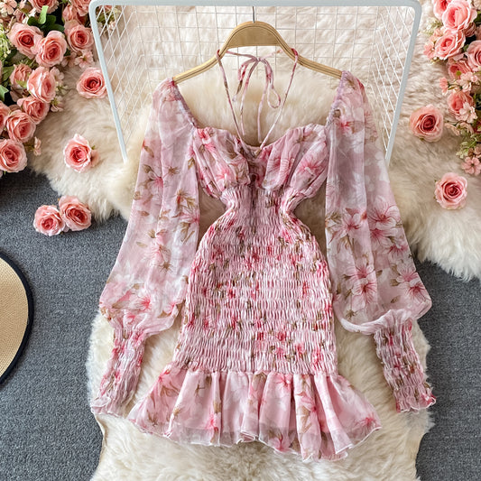Pink Floral Skinny Dress Long Sleeve Dress Sexy Dress RF0242