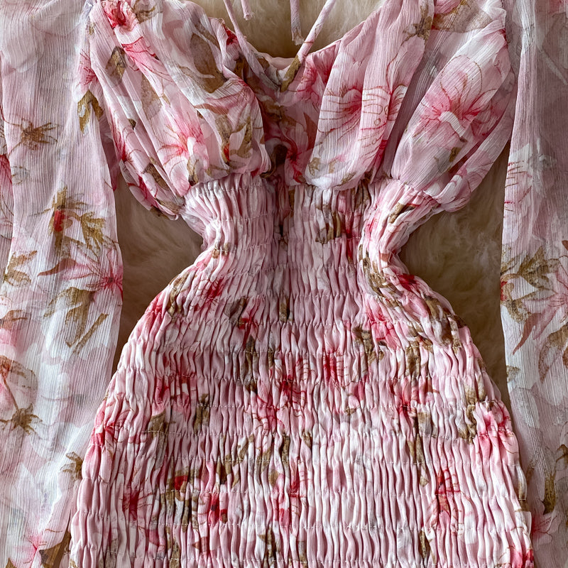 Pink Floral Skinny Dress Long Sleeve Dress Sexy Dress RF0242
