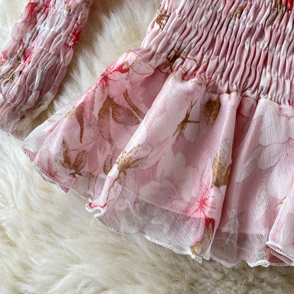 Pink Floral Skinny Dress Long Sleeve Dress Sexy Dress RF0242