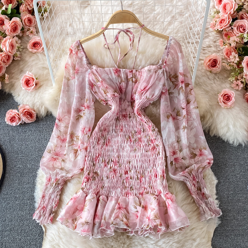 Pink Floral Skinny Dress Long Sleeve Dress Sexy Dress RF0242