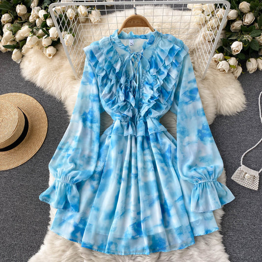 Stylish Blue Long Sleeve Dress A Line Fashion Dress RF0241