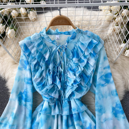 Stylish Blue Long Sleeve Dress A Line Fashion Dress RF0241