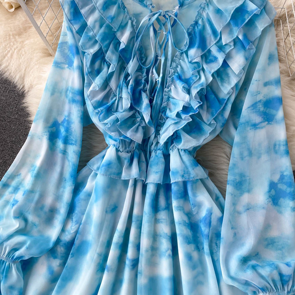 Stylish Blue Long Sleeve Dress A Line Fashion Dress RF0241