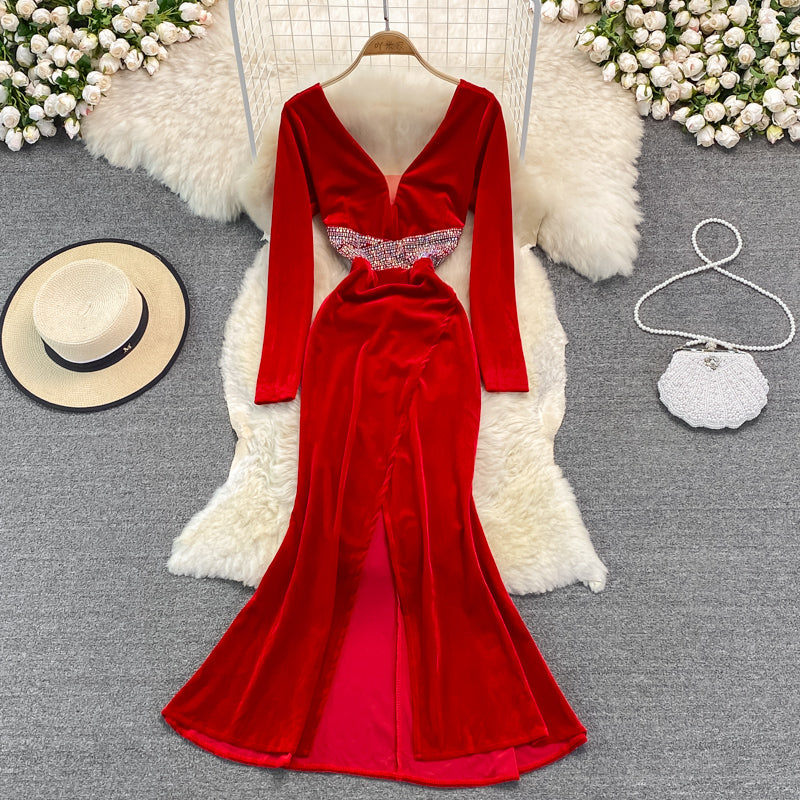 Sexy V Neck Velvet Beads Dress Fashion Dress RF0239