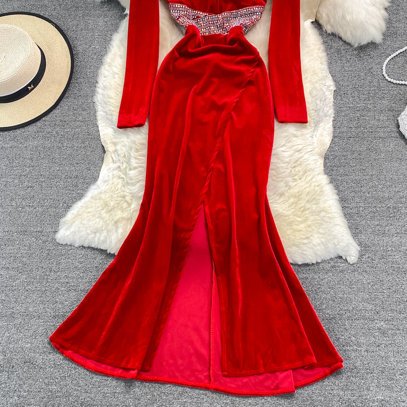 Sexy V Neck Velvet Beads Dress Fashion Dress RF0239