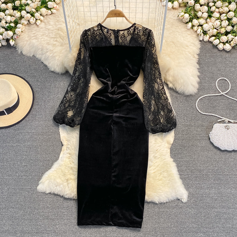 Black V Neck Velvet Dress Long Sleeve Dress RF0237