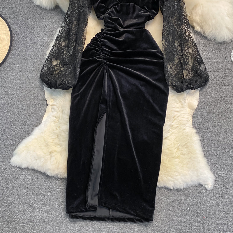 Black V Neck Velvet Dress Long Sleeve Dress RF0237