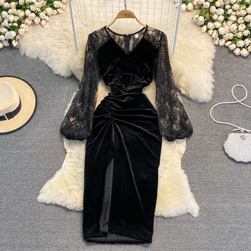 Black V Neck Velvet Dress Long Sleeve Dress RF0237